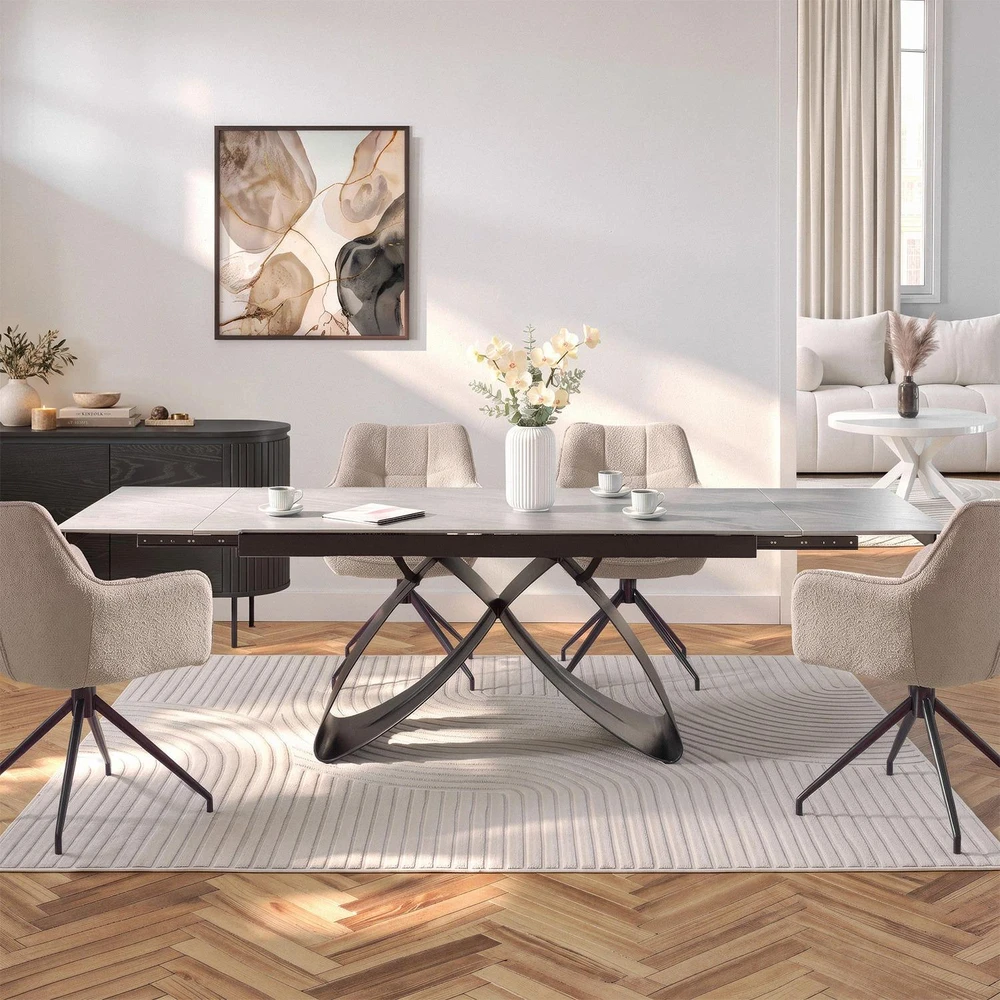 Mebel Elite Išskleidžiamasis stalas su keraminiu stalviršiu, 160–240 cm, pilko marmuro ir juodos spalvos