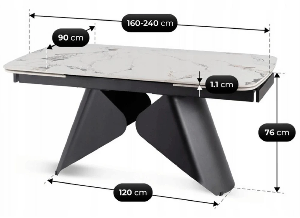Mebel Elite Išskleidžiamasis stalas VERONA, keraminis stalviršis, 160–240 cm, balto marmuro ir juodas