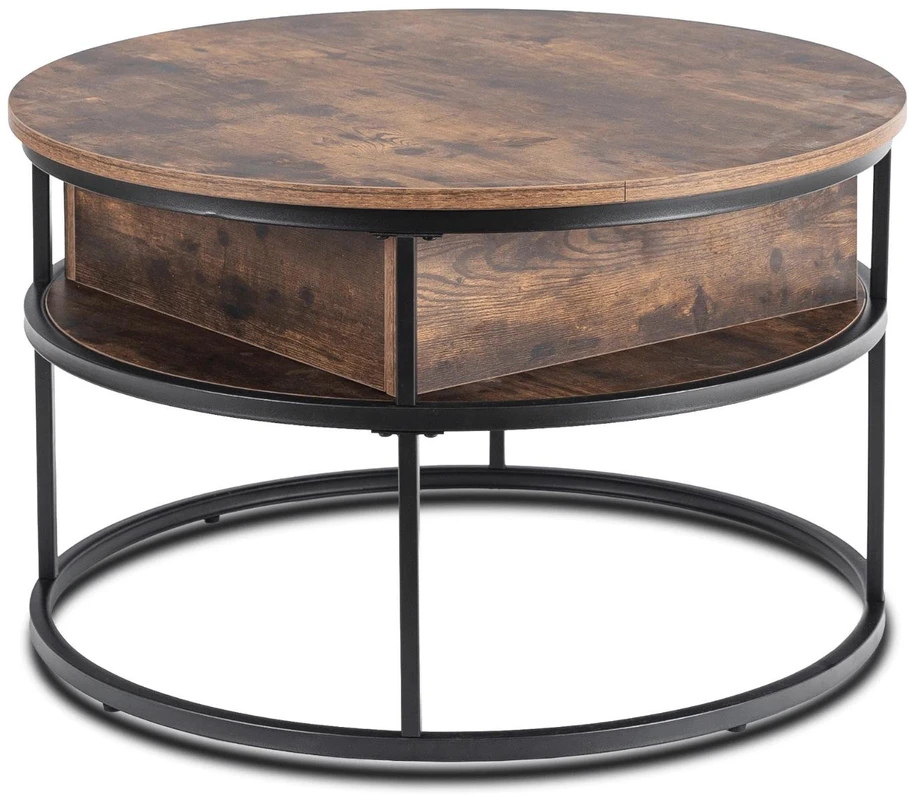 Mebel Elite Kavos staliukas ASTUR, pakeliamas stalviršis, Ø 80 cm, rustikinis ąžuolas / juoda