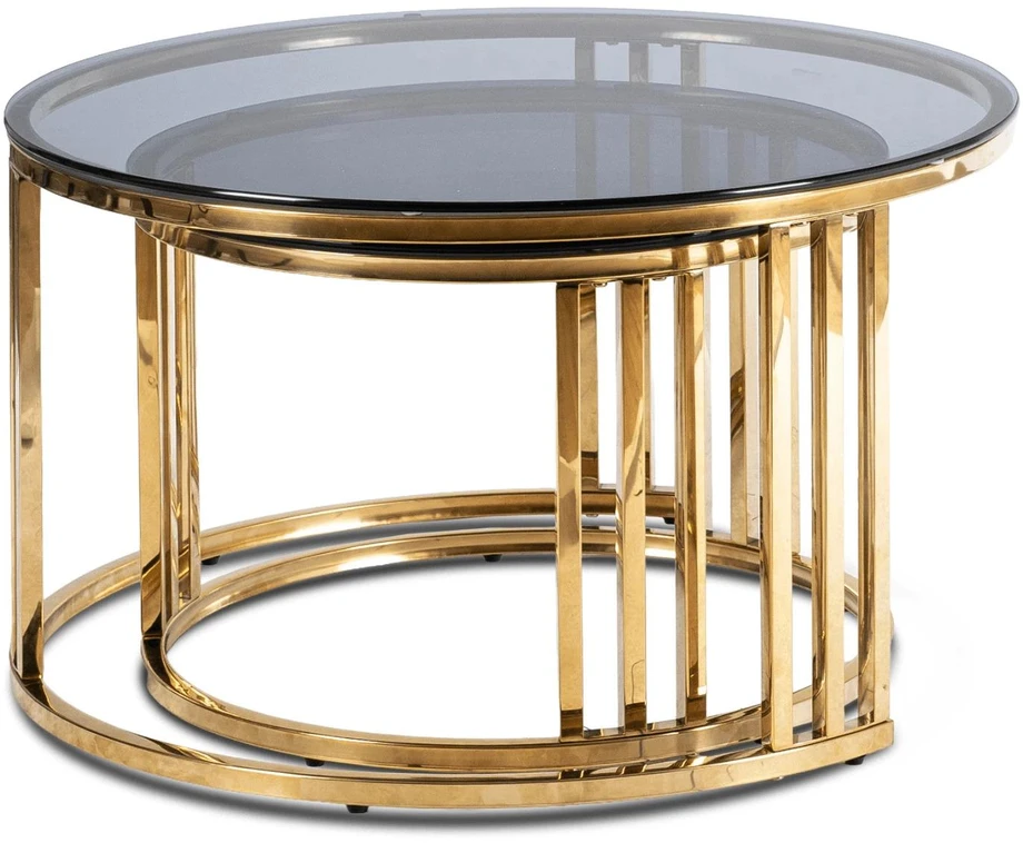 Mebel Elite Kavos staliukų komplektas, 2 vnt., Ø 60 ir 80 cm, pilkas ir auksinis