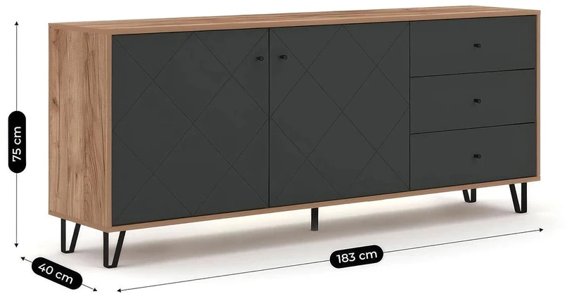Mebel Elite Komoda BACARDI, 183 cm, ąžuolo „Craft Tobacco“ ir grafito spalvų