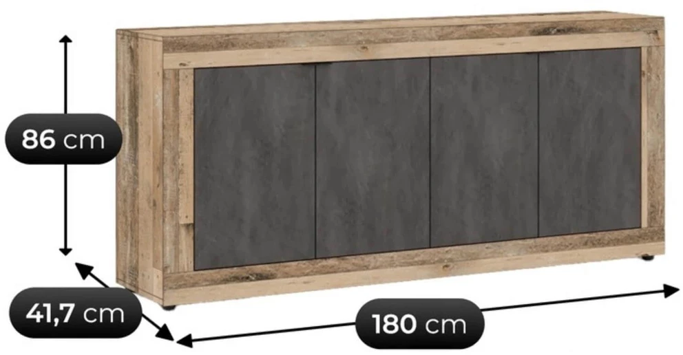 Mebel Elite Komoda BLAGO, 180 cm, juodos ir neapdoroto ąžuolo spalvų