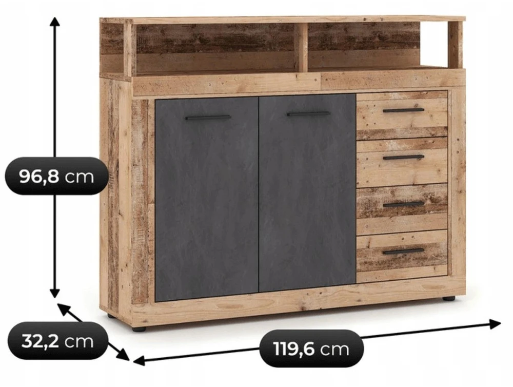 Mebel Elite Komoda BLAGO MIDI A, 119,6 cm, neapdoroto ąžuolo ir juodos spalvos