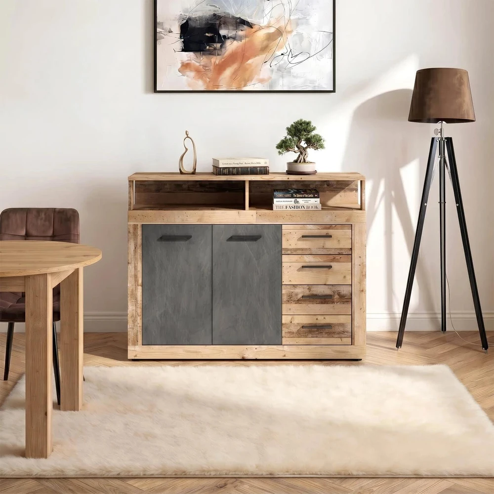 Mebel Elite Komoda BLAGO MIDI A, 119,6 cm, neapdoroto ąžuolo ir juodos spalvos