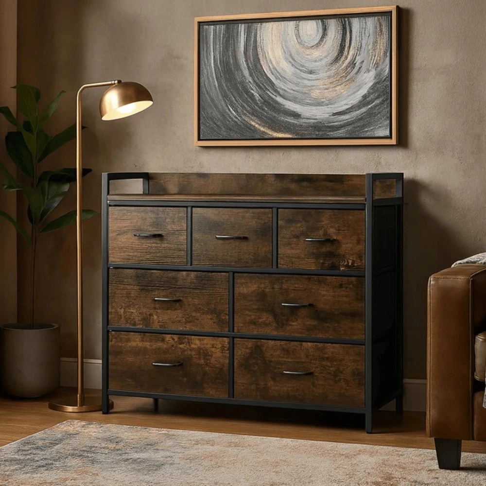 Mebel Elite Komoda su 7 stalčiais HUDSON, 98 cm, rustikinio ąžuolo ir juoda