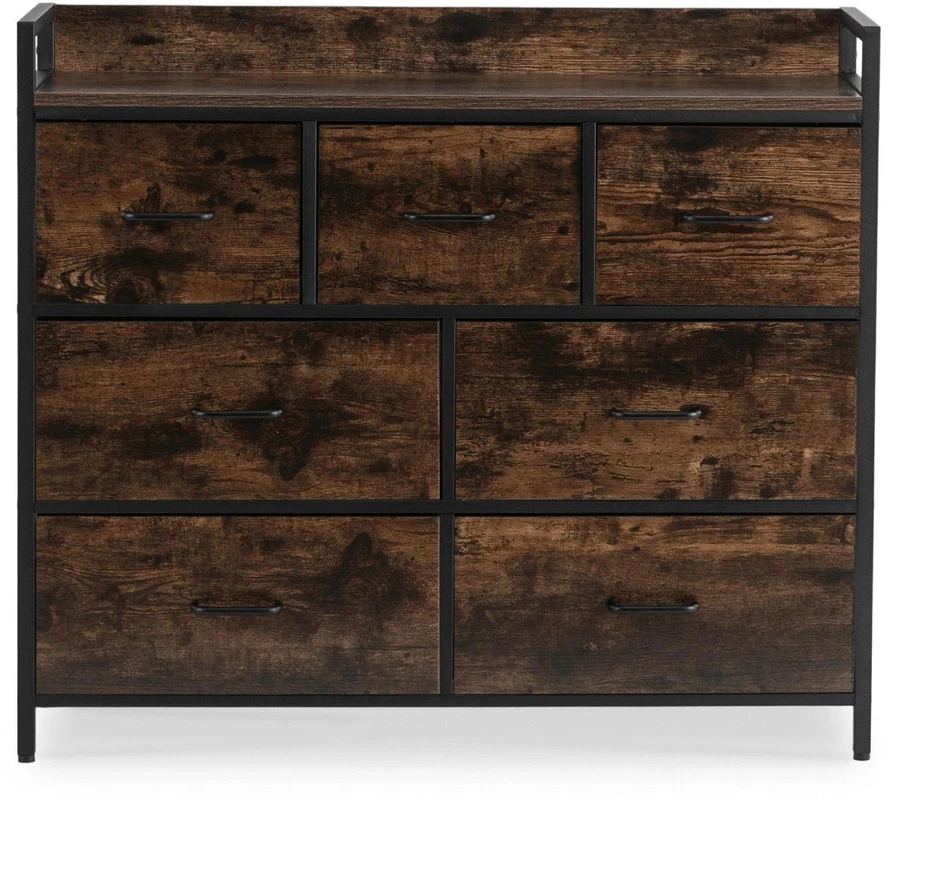 Mebel Elite Komoda su 7 stalčiais HUDSON, 98 cm, rustikinio ąžuolo ir juoda