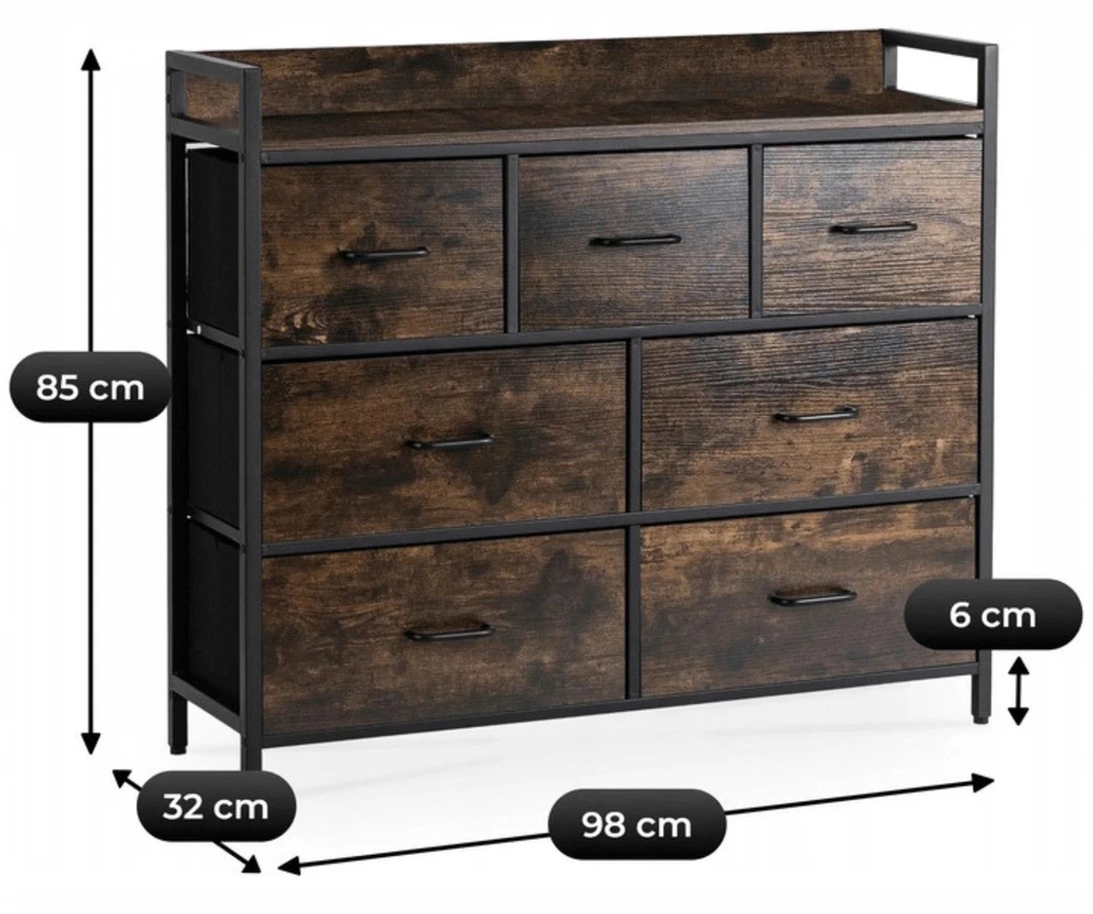Mebel Elite Komoda su 7 stalčiais HUDSON, 98 cm, rustikinio ąžuolo ir juoda