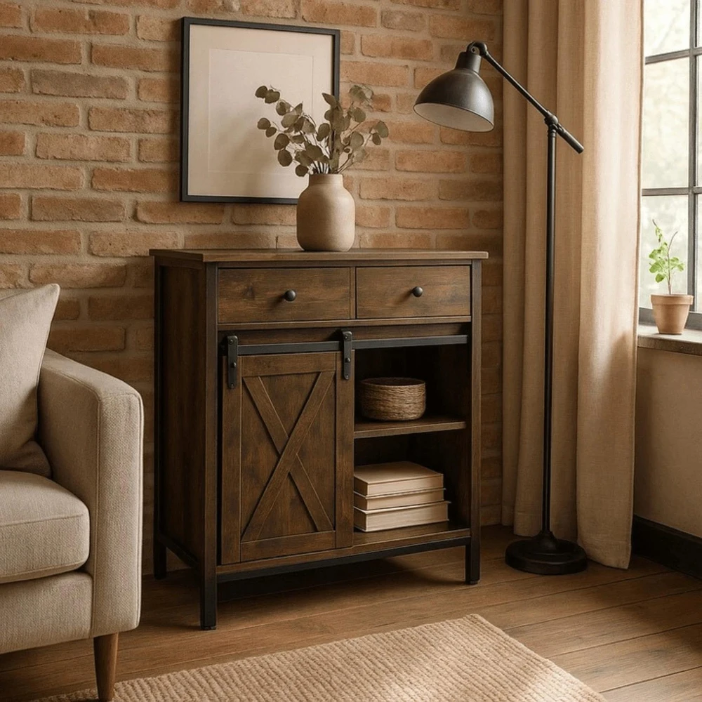Mebel Elite Komoda su stalčiais COLE, 70 cm, rustikinio ąžuolo ir juoda