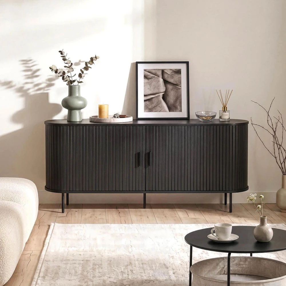 Mebel Elite Komoda TRISH, 2 stumdomos durelės, 180 cm, ąžuolo ir juodos spalvos