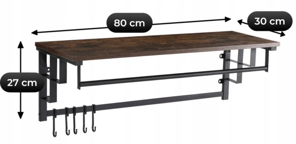 Mebel Elite Prieškambario kabykla su lentyna ir 5 kabliukais, 80 cm, rustikinio ąžuolo ir juoda