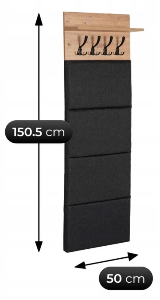 Mebel Elite Sieninė kabykla su 5 kabliukais ir lentyna, 50 cm, Artisan ąžuolo / grafito