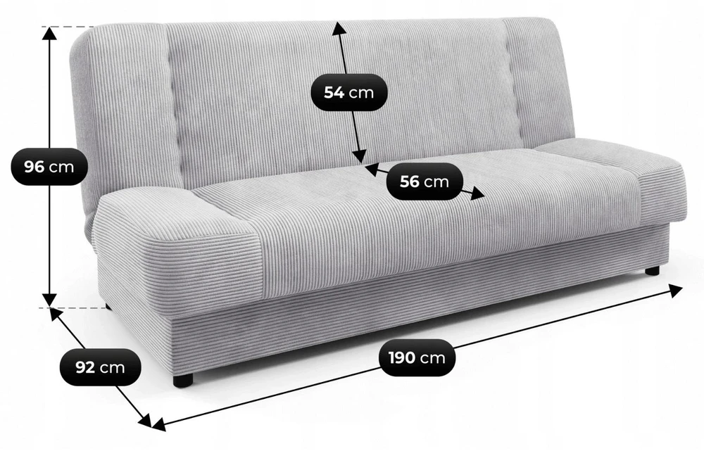 Mebel Elite Sofa-lova PIANO, išskleidžiama, su patalynės dėže, 190 × 92 cm, pilka