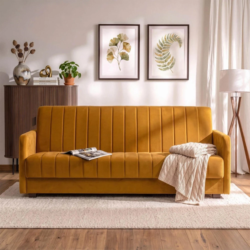 Mebel Elite Sofa-lova PORTO, miegamoji vieta 114 × 186 cm, garstyčių spalvos velūrinė