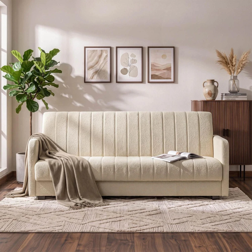 Mebel Elite Sofa-lova PORTO su patalynės dėže, 198 cm, šviesiai smėlinė
