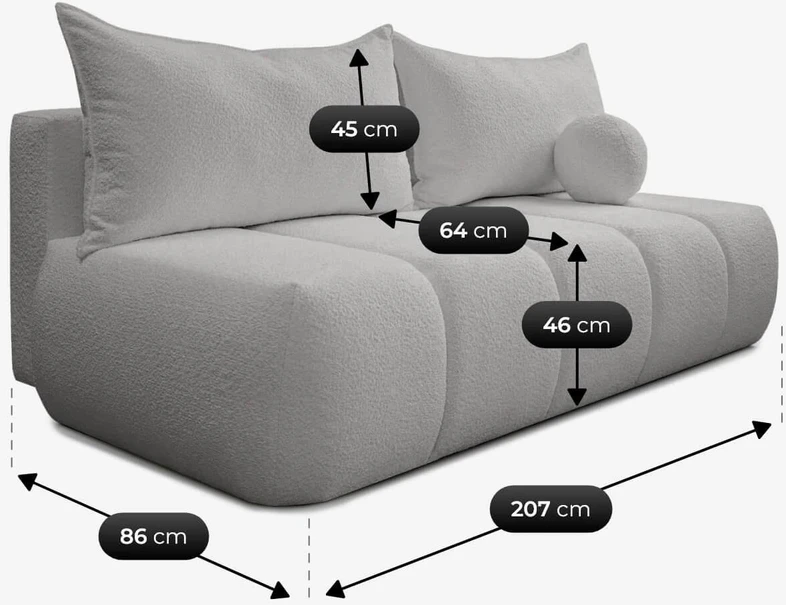 Mebel Elite Sofa-lova SARIA, 207 × 86 × 91 cm, pilka