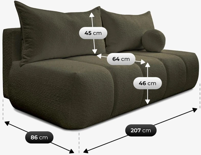 Mebel Elite Sofa-lova SARIA, 207 × 86 cm, alyvuogių spalvos, buklė audinys