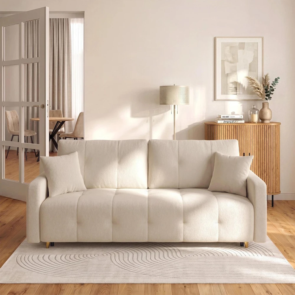 Mebel Elite Sofa-lova SEUL, miegamoji dalis 150 × 187 cm, smėlio spalvos