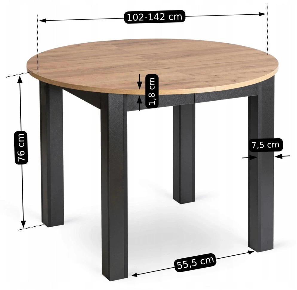 Mebel Elite Stalo ir 4 kėdžių komplektas HARRY / PERU, 102–142 cm, ąžuolo ir juodos spalvos
