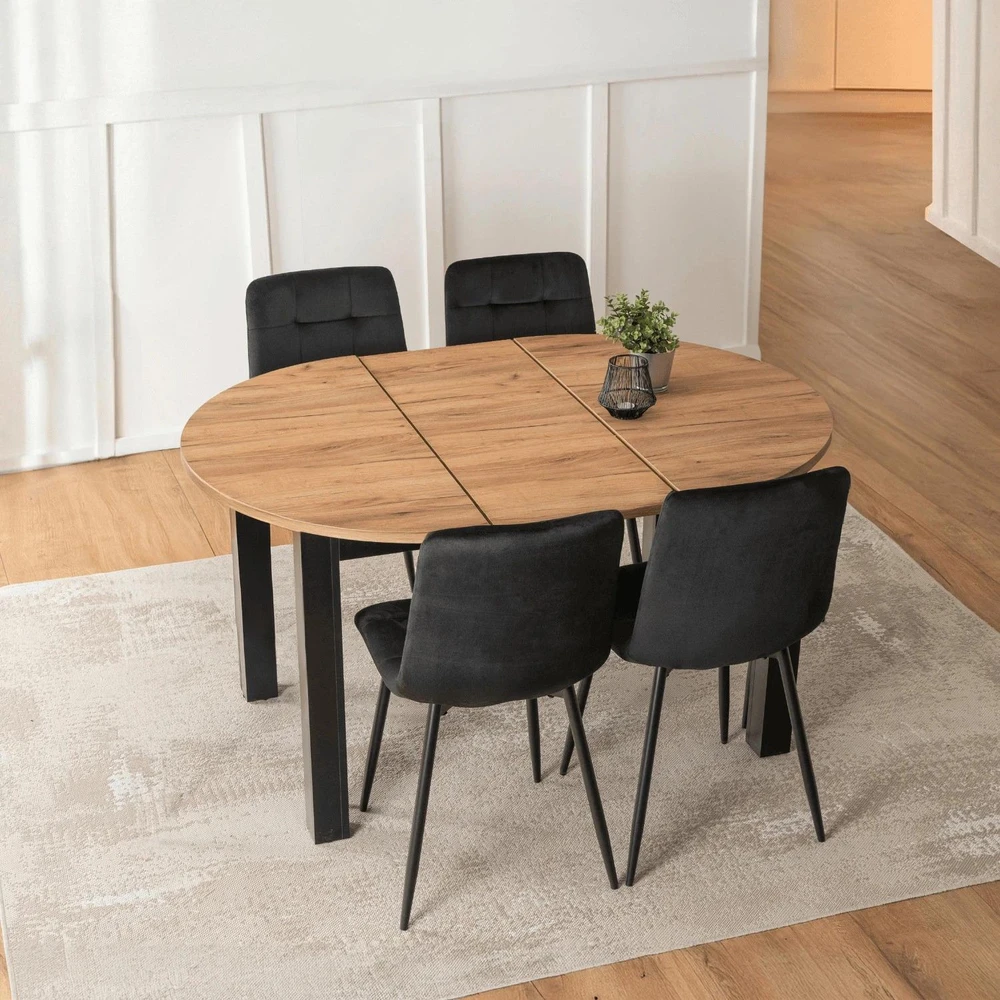 Mebel Elite Stalo ir 4 kėdžių komplektas HARRY / PERU, 102–142 cm, ąžuolo ir juodos spalvos