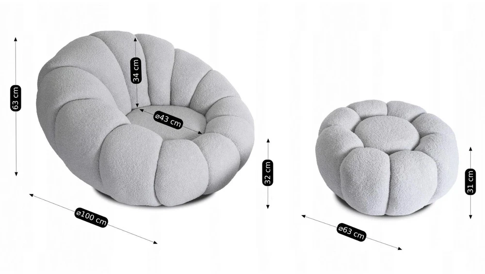 Mebel Elite Sukamasis fotelis su pufu PETTIT, pilkas, bouclé