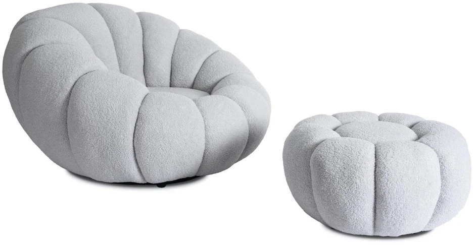 Mebel Elite Sukamasis fotelis su pufu PETTIT, pilkas, bouclé