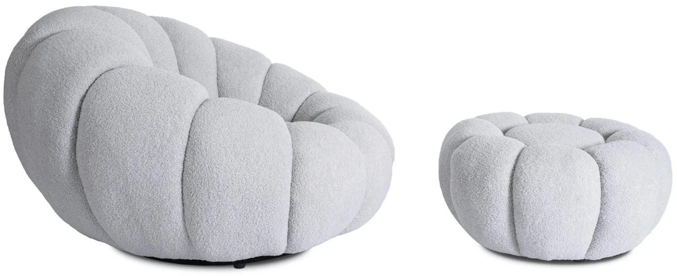 Mebel Elite Sukamasis fotelis su pufu PETTIT, pilkas, bouclé