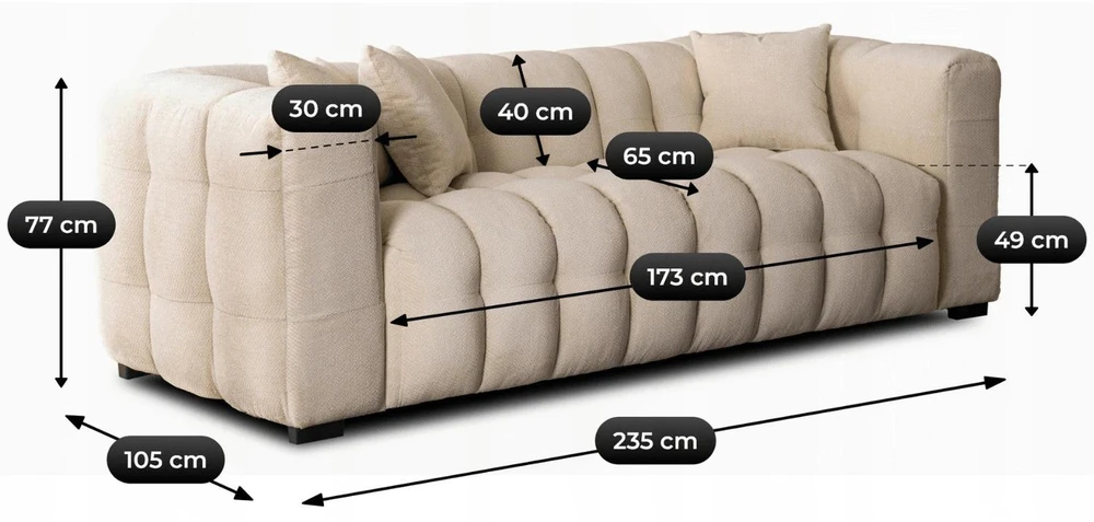 Mebel Elite Trivietė sofa, 235 × 105 × 77 cm, kreminė