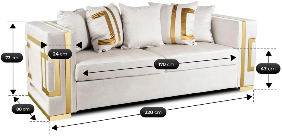 Mebel Elite Trivietė sofa PALLAZO, 170 × 70 × 47 cm, kreminės ir auksinės spalvos