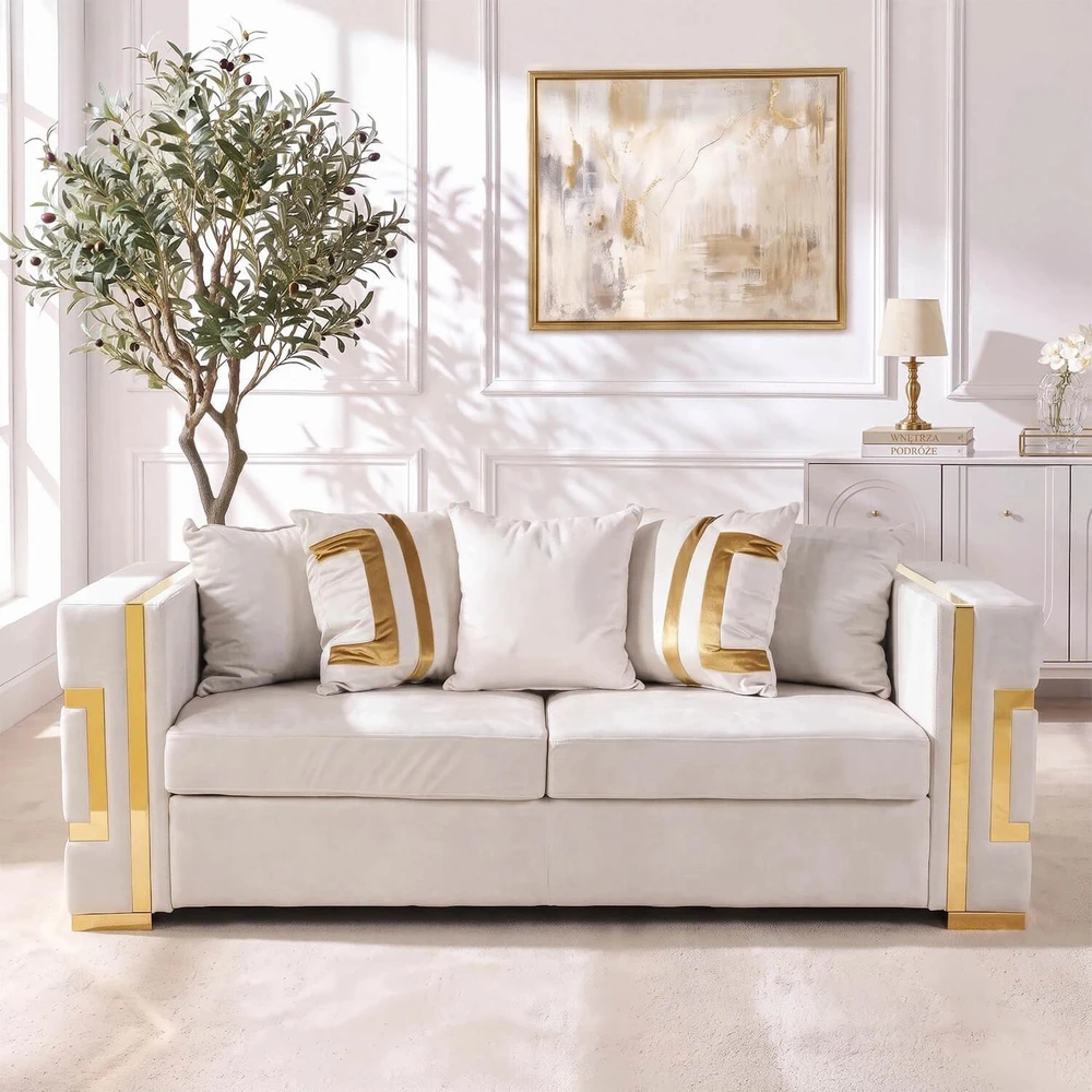 Mebel Elite Trivietė sofa PALLAZO, 170 × 70 × 47 cm, kreminės ir auksinės spalvos