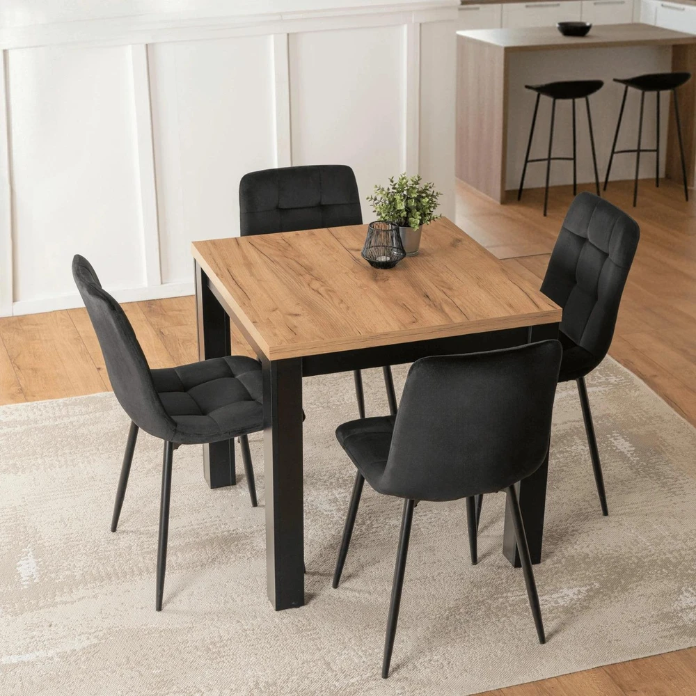 Mebel Elite Valgomojo komplektas – išskleidžiamas stalas ir 4 kėdės, 80 × 80–160 cm, ąžuolo ir juodos spalvos