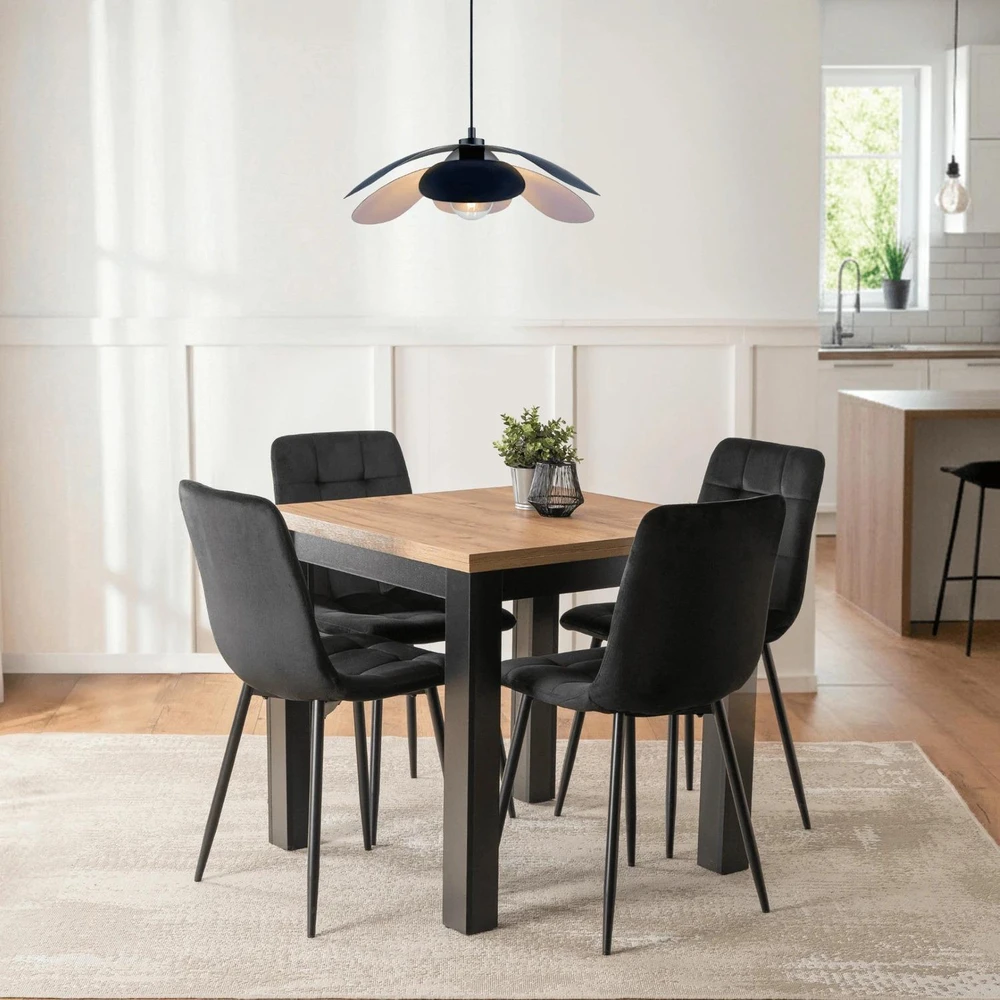 Mebel Elite Valgomojo komplektas – išskleidžiamas stalas ir 4 kėdės, 80 × 80–160 cm, ąžuolo ir juodos spalvos