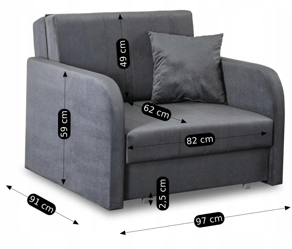 Mebel Elite Vienvietis fotelis-lova, miegamoji vieta 195 × 82 cm, pilkas