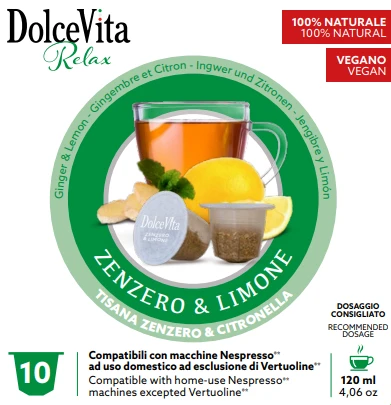 Arbatos kapsulės ZENZERO & LIMONE imbiero ir citrinų, 10 kaps., Dolce Vita, Nespresso® aparatams