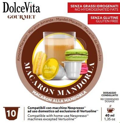 Migdolinių makaronų skonio kapsulės ALMOND MACARON, 10 kaps., Dolce Vita, Nespresso® aparatams