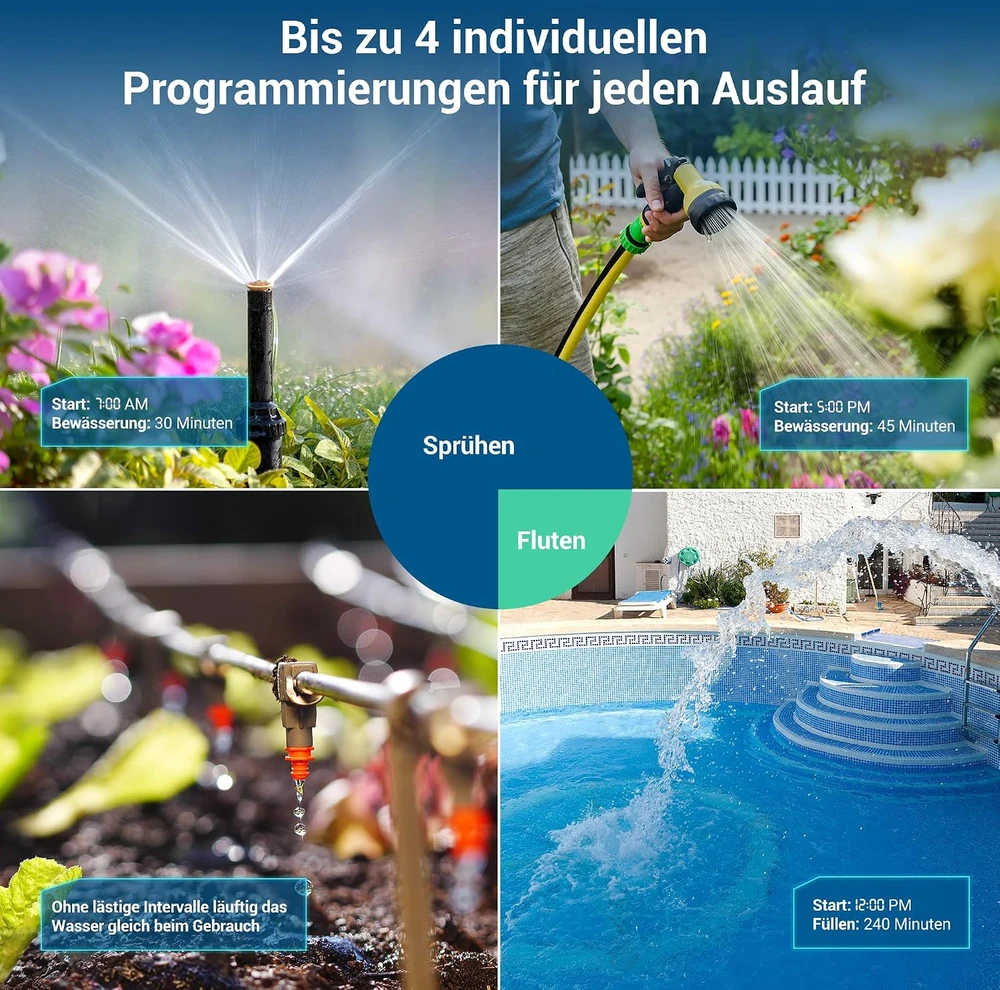 DEWENWILS laistymo valdiklis, 4 zonos, 16 programų, lietaus atidėjimo funkcija, 3/4 colio jungtis