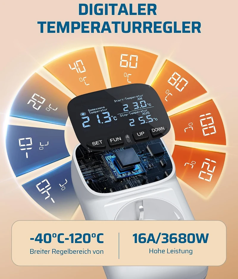 DEWENWILS skaitmeninis temperatūros reguliatorius su jutikliu, LCD ekranas, kištukinis, 230 V, režimai šilumai ir vėsumui