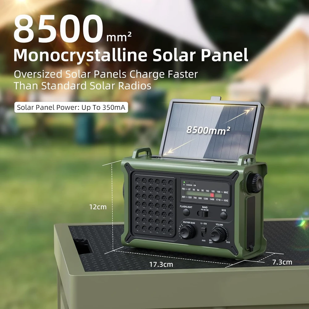 Mesqool avarinis radijas AM/FM su saulės įkrovimu, rankiniu generatoriumi ir 12000 mAh išorine baterija, IPX6, SOS, LED žibintuvėliu, USB-C įkrovimu, modelis CR1030