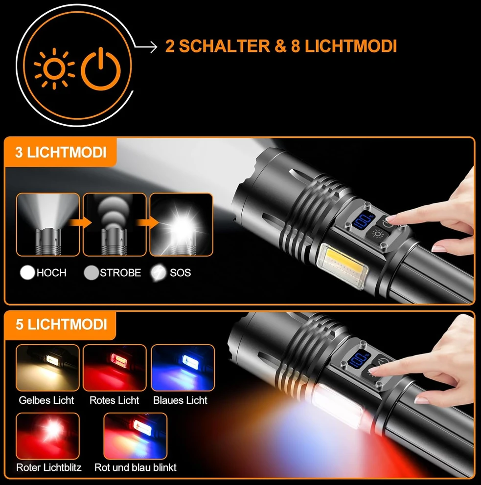 Relybo LED prožektorius 1000000 lm, įkraunamas, 9 režimai, USB-C, šoninis COB apšvietimas, LC222-DE
