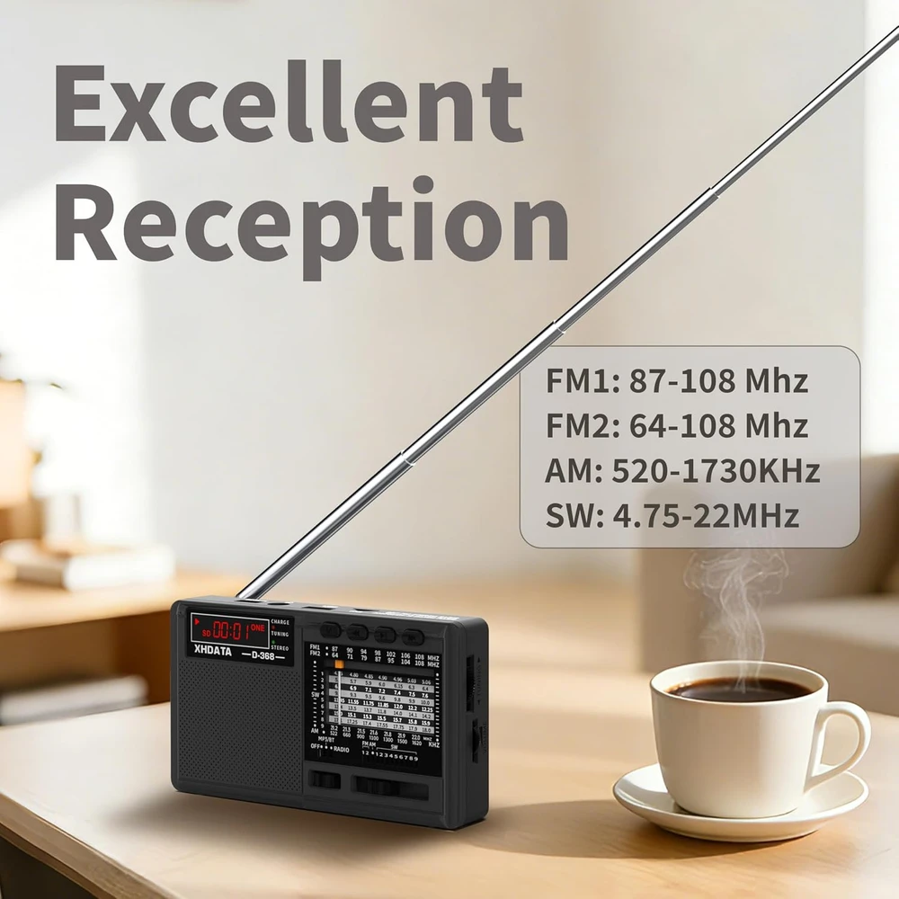 XHDATA nešiojamas radijas su FM/AM/SW, Bluetooth, USB, TF, juodas, D368