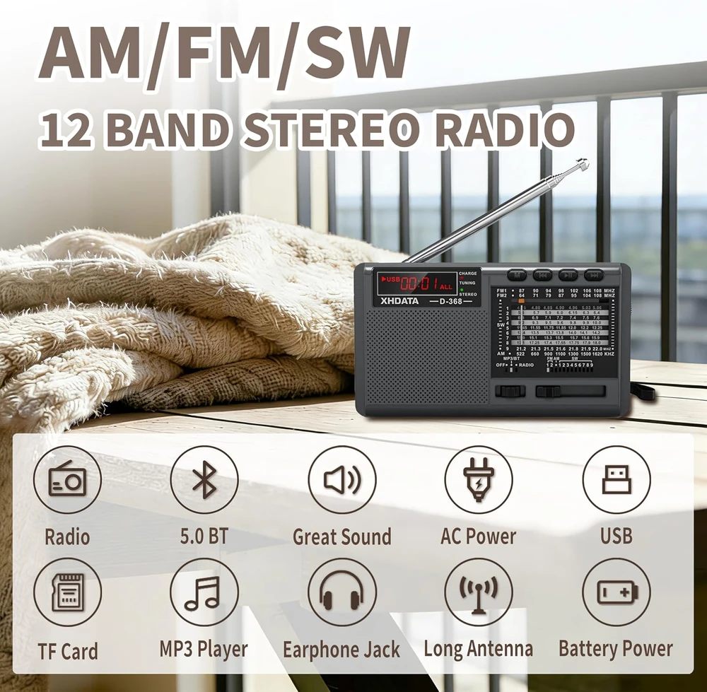 XHDATA nešiojamas radijas su FM/AM/SW, Bluetooth, USB, TF, juodas, D368