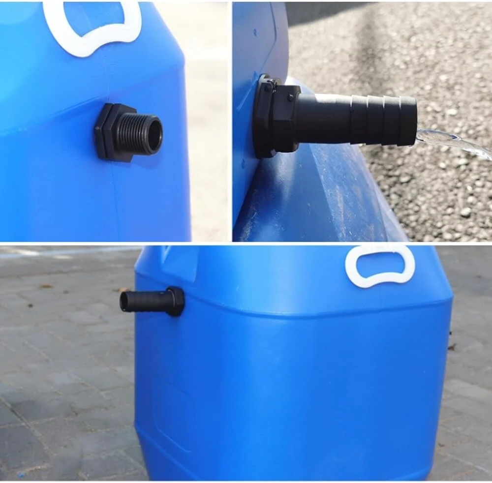1 colio (25 mm) vandens statinės jungties rinkinys, vandens statinės prijungimo rinkinys, 50 cm prijungimo žarna ir 2 žarnos jungtys 25 mm su fiksavimo veržle lietaus vandens talpykloms