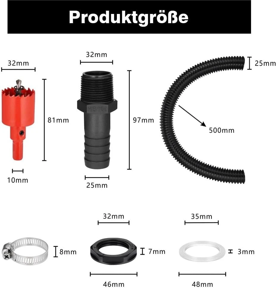 1 colio (25 mm) vandens statinės jungties rinkinys, vandens statinės prijungimo rinkinys, 50 cm prijungimo žarna ir 2 žarnos jungtys 25 mm su fiksavimo veržle lietaus vandens talpykloms