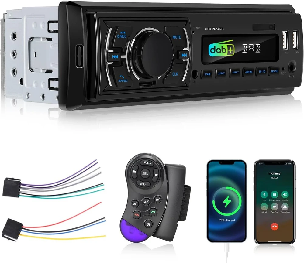 Automagnetola 1 Din automobilinis radijas Dab+ su Bluetooth Dab Plus su Fm radiju, Usb Disko/aux/tf jungtimi, išjungimo atmintimi, garso įrašymu, vairo valdymu
