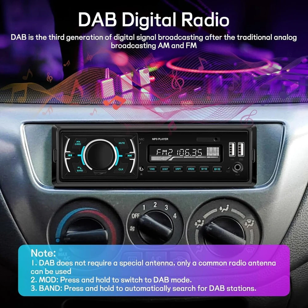 Automagnetola 1 Din automobilinis radijas Dab+ su Bluetooth Dab Plus su Fm radiju, Usb Disko/aux/tf jungtimi, išjungimo atmintimi, garso įrašymu, vairo valdymu