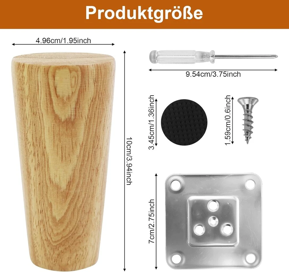 10 cm medinės stalo kojos, 4 vnt. pakuotė, tvirtos medienos kūginės keičiamos sofos kojelės, baldų kojelės, pagrindo kojelės, stalo kojelė, pagaminta iš ąžuolo, baldų kojelės su montavimo plokštėmis ir varžtais kėdėms ir sofai-lovai