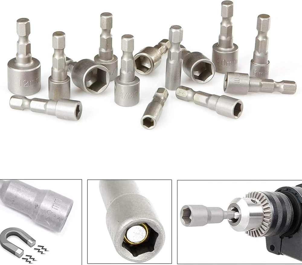 10 magnetinių šešiabriaunių lizdų rinkinys, 6-19 mm, Crv plienas