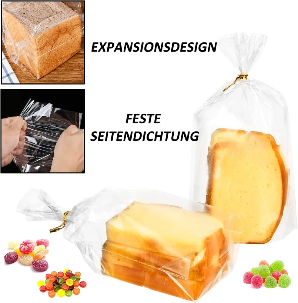 100 celofaninių maišelių pakuotė 20x30cm šokoladiniams saldainiams, duonai, saldainių maišeliai su auksiniu kaspinu