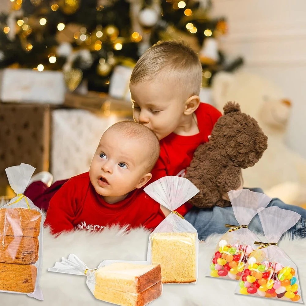 100 celofaninių maišelių pakuotė 20x30cm šokoladiniams saldainiams, duonai, saldainių maišeliai su auksiniu kaspinu