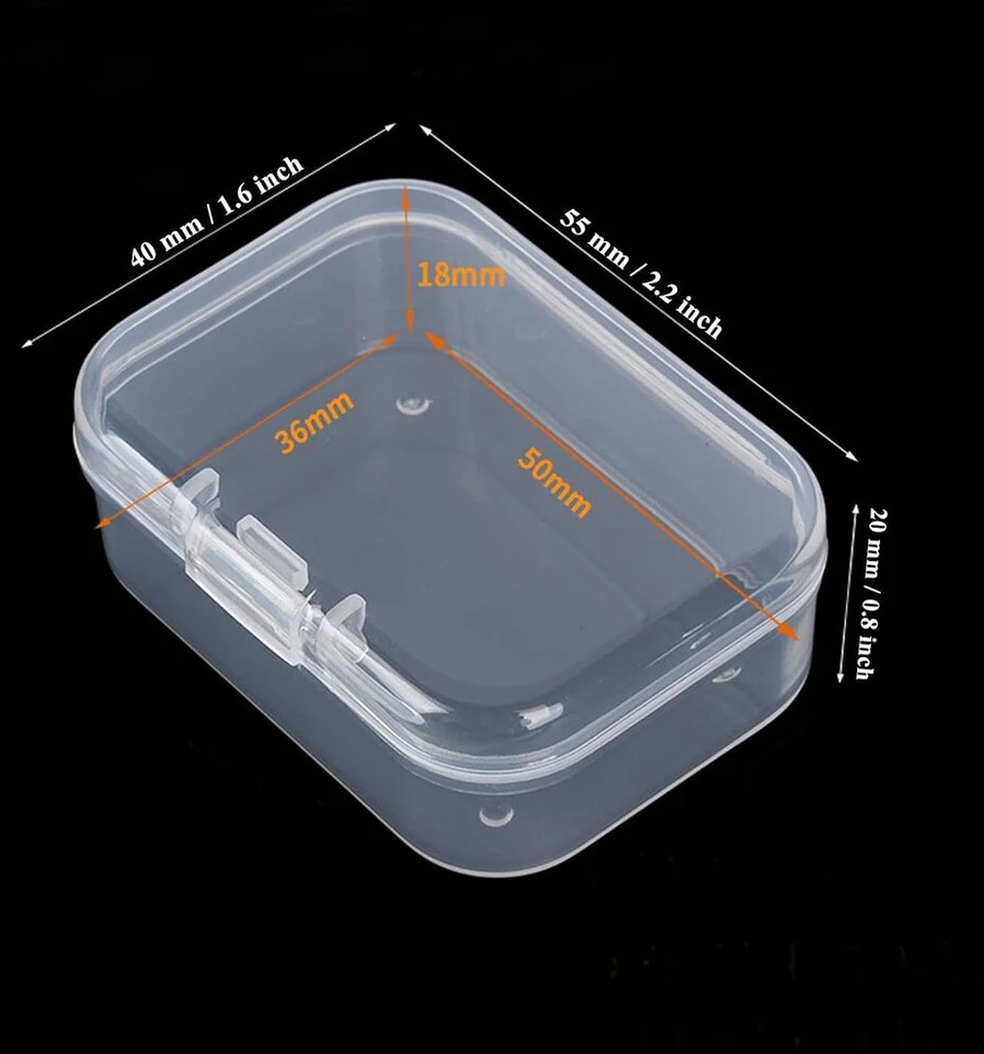 100 mini stačiakampių tuščių plastikinių dėžučių su atlenkiamais dangteliais pakuotė (5,5 x 4 x 2 cm, skaidrios)