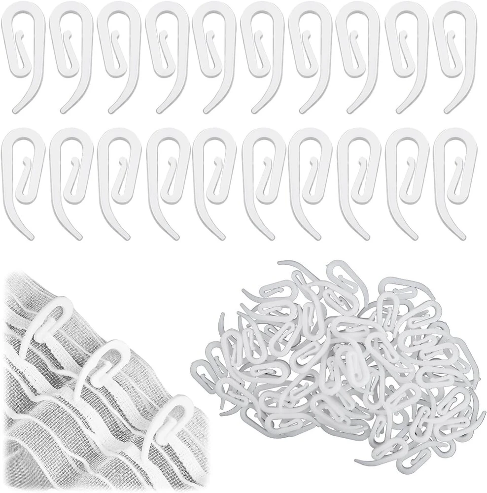 100 plastikinių užuolaidų kabliukų rinkinys, 28 x 12 mm balti sulankstomi kabliukai, universalūs užuolaidų kabliukai, užuolaidų žiedų kabliukai dušo užuolaidoms, užuolaidoms kabinti
